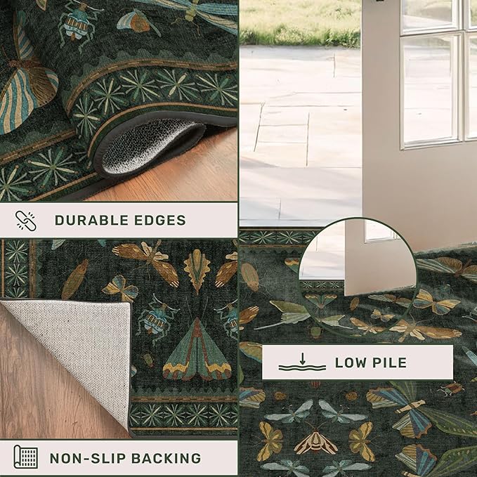 Hazo Haus Dark Green Insect Area Rugs 8x10 for Living Room, Dining Room Under Table, Bedroom, Unique Washable Floral Non Slip Low Pile Soft Rug