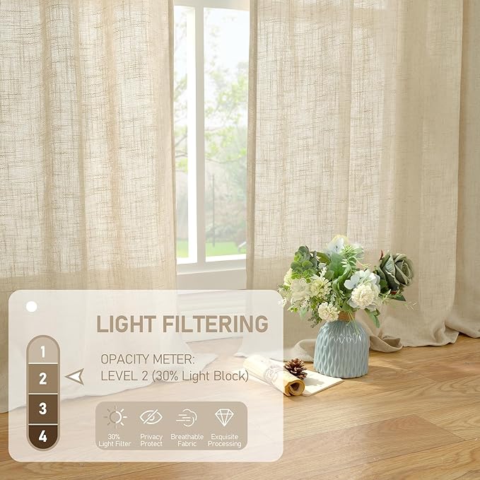 LAMIT Linen Curtains 63 Inch for Bedroom, Light Filtering Neutral Semi Sheer Window Curtains Back Tab and Rod Pocket Living Room Panels, 2 Panels, Linen, 60 x 63 Inch