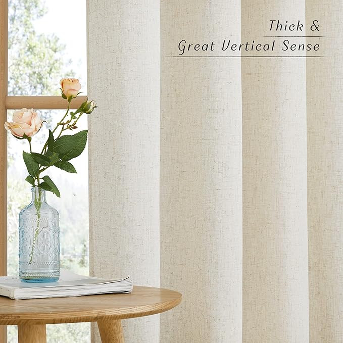 NICETOWN Natural Linen 54 inches Long Curtains for Bedroom, Thick Flax Window Treatments Semi Sheer Privacy Assured with Light Through for Nursery/Bathroom, W42 x L54, 2 Panels