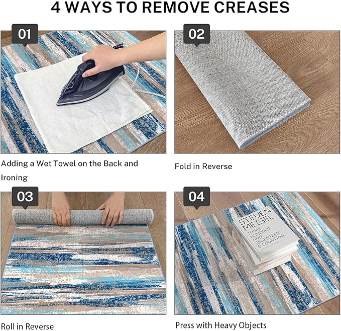 Lansny Modern Abstract Runner Rug 2.6x14, Blue Washable Long Kitchen Runner Non-Slip Soft Hallway Rug Runner Thin Print Faux Wool Carpet for Entryway Bedroom Laundry Room Indoor Home Decor