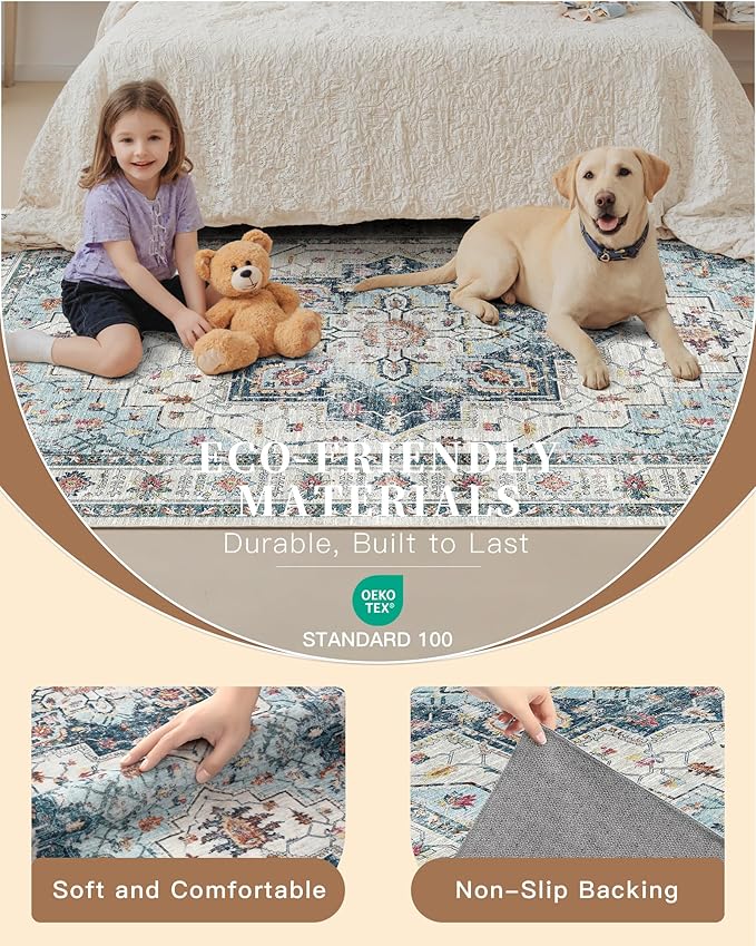 Madane 6x9 Area Rugs for Living Room, Stain Resistant Washable Rugs, Non-Slip Backing Area Rug, Vintage Home Decor Rug for Bedroom (Blue, 6'x9')