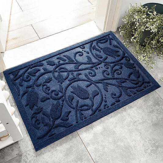 Boho Blue Floral Leaves Outdoor Indoor Entrance Doormats, Absorbent Durable Heavy Duty Welcome Front Door Mat,Thick Natural Rubber Back,Easy Clean Entryway Mat 17x30 Inch, Low Profile