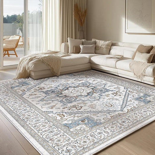 OPPODREAM Soft 6x9 Area Rugs, Neutral Washable Rug 6x9 with Non Slip Backing, Faux Cashmere Low-Pile 6 x 9 Carpet, Cream White & Blue & Light Brown