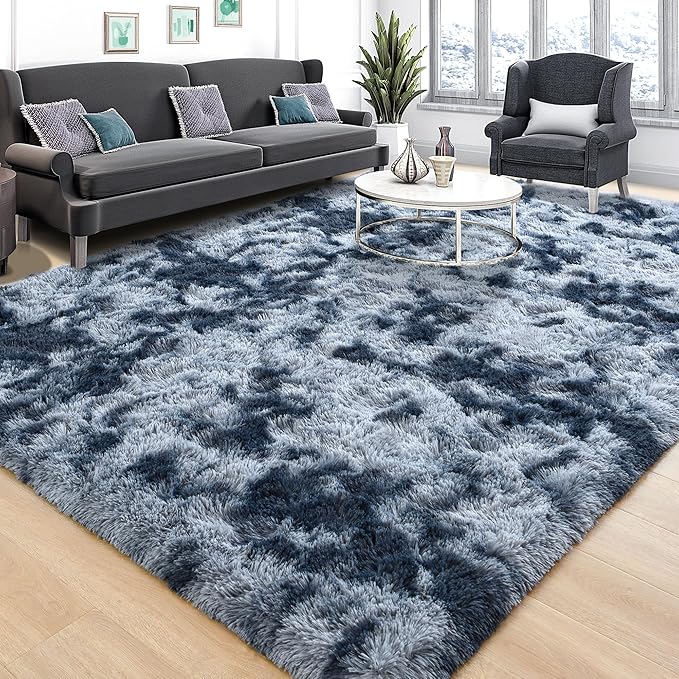 Tepook Soft Fluffy Rugs for Living Room, 5x8 Shaggy Area Rug for Bedroom, Modern Shag Rug Fuzzy Carpets for Kids, Plush Indoor Nursery Home Decor Rug with Non-Slip Bottom, Tie-dye Dark Blue