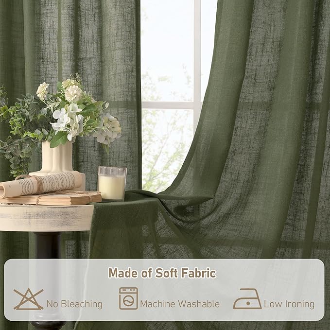 LAMIT Olive Green Linen Curtains 63 Inch for Bedroom, Light Filtering Neutral Semi Sheer Window Curtains Back Tab and Rod Pocket Christmas Panels, 2 Panels, 52 x 63 Inch