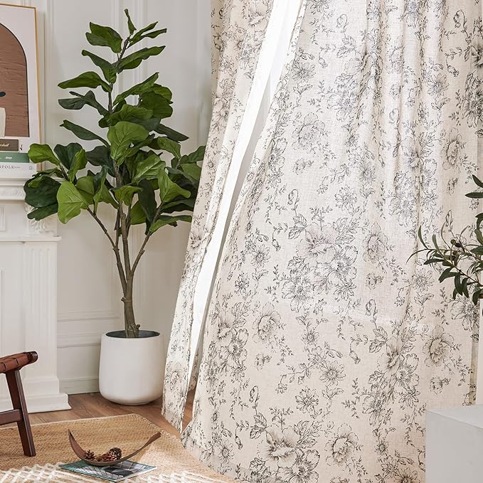 jinchan Linen Blend Curtain Floral Curtains for Living Room 90 Inch Length Black Printed Curtain Rod Pocket Back Tab Farmhouse Peony Flower Patterned Drapes Bedroom Window Curtains Set 2 Panels
