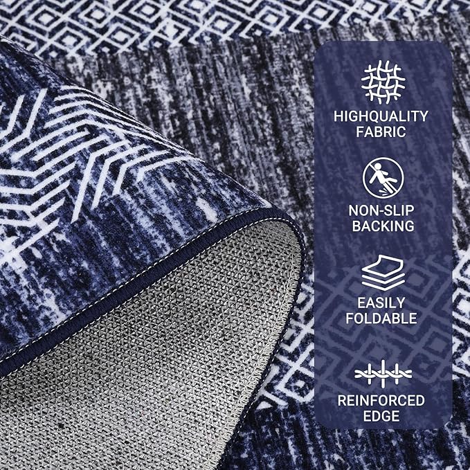 GarveeHome Small Bedroom Area Rug 3x5 Bordered Area Rug for Living Room Nursery Non Slip Kitchen Throw Carpet Low Pile Modern Rugs Washable Bathroom Mat Soft Blue Rugs for Laundry Entryway
