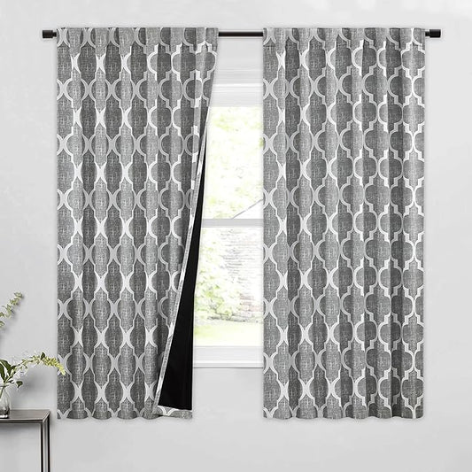 Beauoop 100% Blackout Curtains 63 Inches Long 2 Panels for Bedroom Living Room Grey Moroccan Geo Room Darkening Thermal Insulated Soundproof Rod Pocket Back Tab Window Treatments Drapes, 50x63