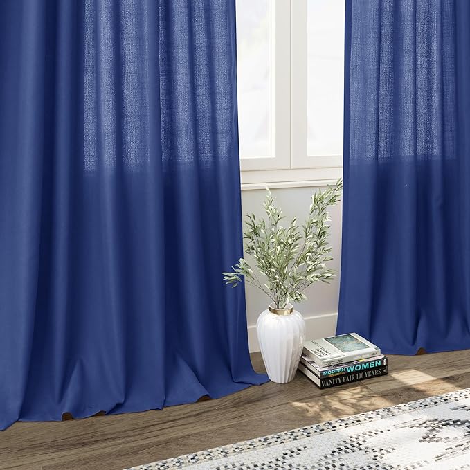 Classic Blue Linen Curtains 90 Inch Long 2 Panels Set for Bedroom Living Room Linen Textured Window Drapes Semi Sheer Light Filtering Rod Pocket Back Tab Cotton Textured Farmhouse Curtain 52x90