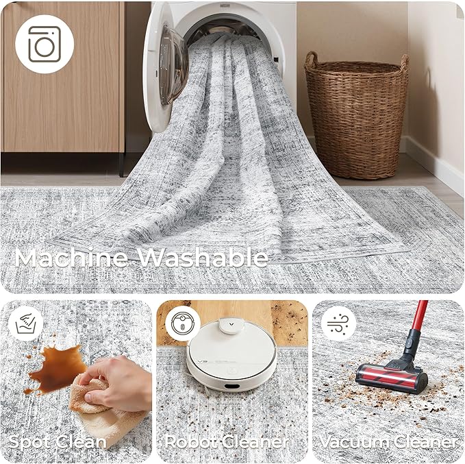 Rug Runners for Hallways Non Slip - 2x8 Runner Rug for Bedroom, Washable Runner with Rubber Backing, Soft Low-Pile Carpet for Kitchen, Laundry, Bathroom (2'x8', Grey/Ivory)