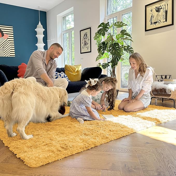 OLANLY 6x9 Machine Washable Large Area Rugs for Living Room, Bedroom, Soft Fluffy Shaggy Bedside Rug, Indoor Floor Carpet for Kids Girls and Boys, Dorms, Nursery, Home Decor Aesthetic, Mustard Yellow