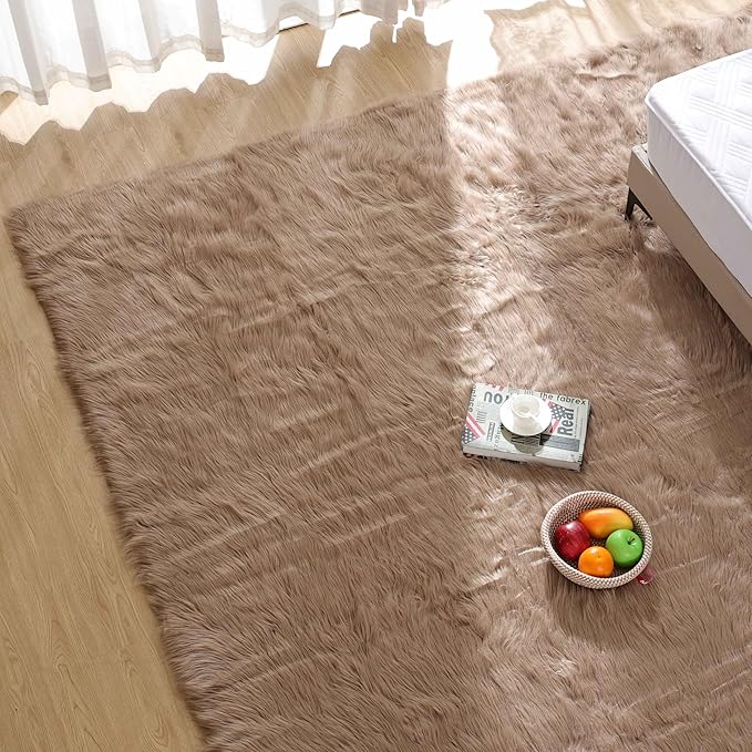 Goolela Sheepskin Area Rug 9x12 - Light Brown Beige - Fluffy Fuzzy Furry Carpet for Living Room Bedroom Faux Fur Rectangle