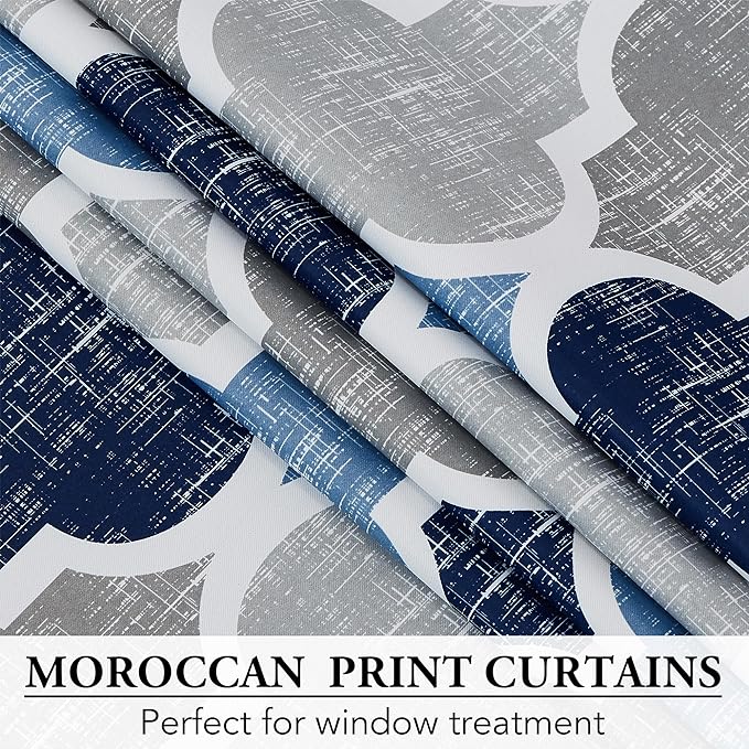 Beauoop 100% Blackout Curtains 45 Inches Long 2 Panels for Bedroom Living Room Blue Grey Moroccan Geo Room Darkening Thermal Insulated Soundproof Grommet Top Window Treatments Drapes, 50x45 Set of 2