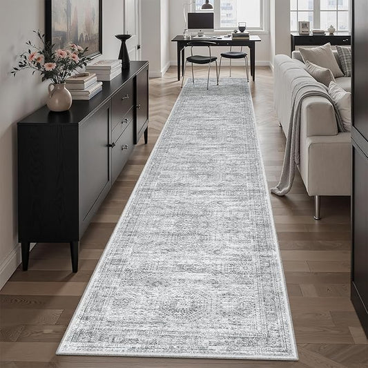 Runner Rug 2x12 Washable Non-Slip Hallway Runner Rugs for Kitchen Bathroom Laundry Room Grey Vintage Floor Carpet Runners for Hallways Entryway