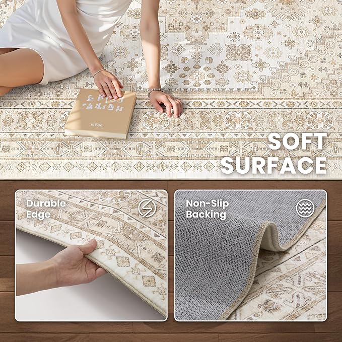 zesthome 12x15 Area Rugs, Large Washable Rug, Ultra-Thin Stain Resistant Rugs for Living Room, Bedroom, Non-Slip Backing Home Decor Area Rug (Cream/Beige,12'x15')