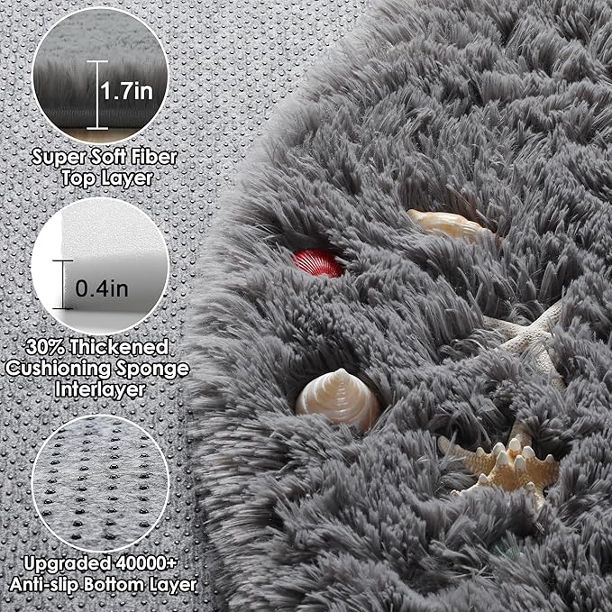 ONASAR Grey Round Area Rugs 6ft, Fluffy Gray Soft Bedroom Circle Rug for Kids Girls Boys Teen Room, Fuzzy Plush Shaggy Floor Carpet Mats for Dorm Nursery Living Room Playroom Home Office Decor