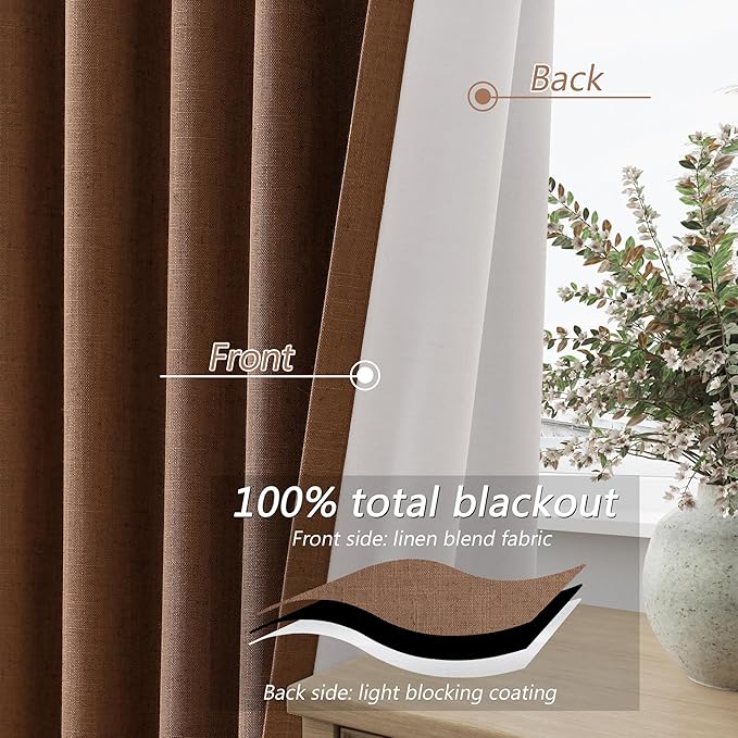 Guken 100% Blackout Linen Curtains 80 Inch Length 2 Panels Set for Living Room Bedroom Back Tab Thermal Insulated Black Out Linen Drapes Room Darkening Window Curtains,Caramel Brown