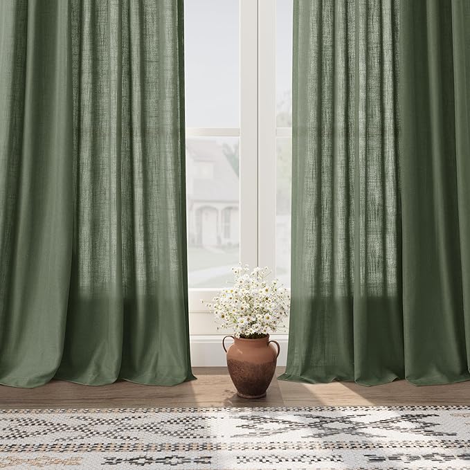 Olive Green Semi Sheer Curtains 108 Inches Long 2 Panels Back Tab Loop Pocket Linen Blend Boho Large Window Curtain Extra Long Light Filtering Drapes High Ceiling Curtains for Living Room 40x108