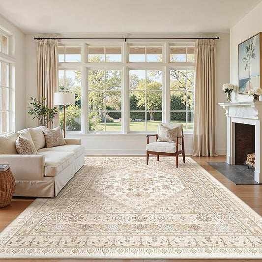 zesthome 7x9 Area Rug, Super Soft Washable Rugs for Living Room, Non-Slip Stain Resistant Vintage Rugs, Ultra-Thin Large Area Rugs (Cream/Beige,7'x9')