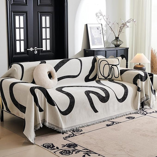 MYSKY HOME Boho Couch Cover Super Soft Couch Covers for 2-3 Cushion Couch Sofa, Modern Black Jacquard Sofa Slipcover Loveseat Futon Cover, Couch Covers for Sectional Sofa, 71" x 102", Black Curve