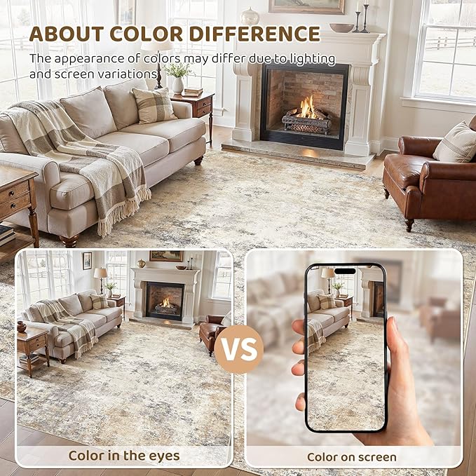 UERMEI 12x15 Area Rug Living Room Rugs - Washable Neutral Modern Abstract Soft Thin Large Rug Indoor Floor No Slip Rug Carpet for Bedroom Under Dining Table Home Office Decor - Golden Grey