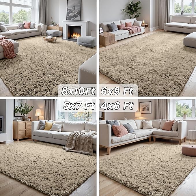 8x10 Area Rugs for Living Room Rug: Soft Fluffy Shag Gray Camel Rugs for Bedroom, Non-Slip Large Fuzzy Plush Rug Indoor Floor Carpet for Nursery Kids Boys Girl Room, Dorms, Playroom, Modern Home Decor
