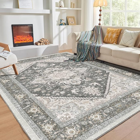 OPPODREAM Soft 10x14 Area Rugs, Washable Rugs 10x14 with Non Slip Backing, Low-Pile Faux Cashmere 10 x 14 Carpet, Greenish Grey