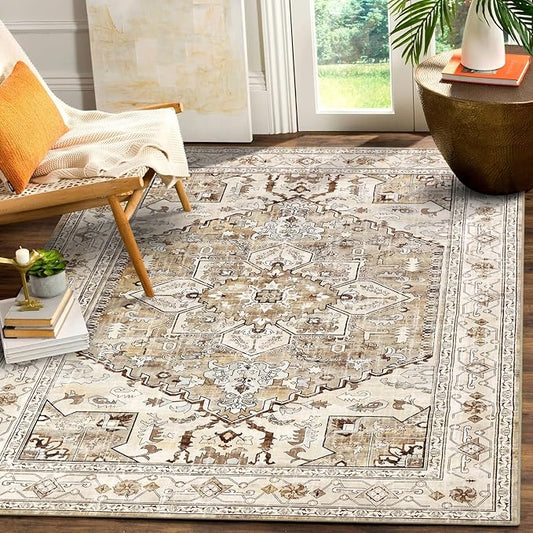 Yamaziot Area Rug 5x7, Non-Slip Washable Boho Vintage Living Room Bedroom Rug with Rubber Backing, Low Pile Faux Wool Soft Distressed Rug Floor Carpet for Living Room, Bedroom