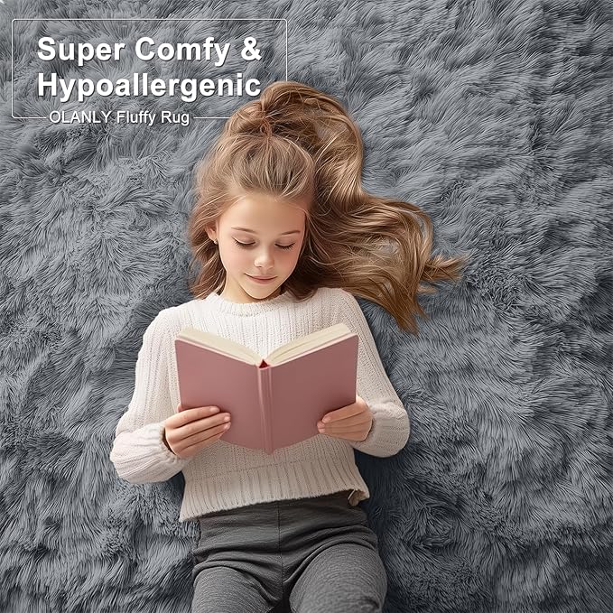 OLANLY 6x11 Machine Washable Large Area Rugs for Living Room, Bedroom, Soft Fluffy Shaggy Bedside Rug, Indoor Floor Carpet for Kids Girls and Boys, Dorms, Nursery, Home Decor Aesthetic, Grey