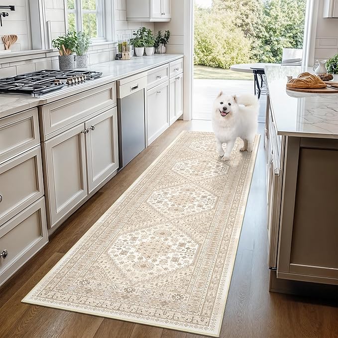 Washable Runner Rug 2.5x16, Non-Slip Long Kitchen Mats for Floor, Vintage Rug for Entryway, Soft Hallway Runner for Dining Room, Bedroom, Living Room(Cream/Beige,2.5'x16')
