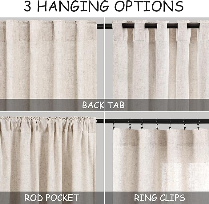 Beige Kitchen Curtains 36 Inch Length Set 2 Panel Back Tab Pocket Semi Sheer Light Filtering Short Drapes Linen Modern Farmhouse Curtain Tiers for Cafe Bathroom Basement Small Window 52x36