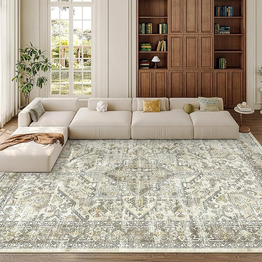 zesthome 8x10 Area Rugs for Living Room,Non-Slip Backing Washable Rugs,Vintage Large Area Rug，Stain Resistant Home Decor Rug (Beige/Brown,8'x10')