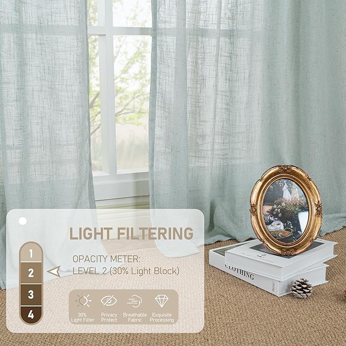 LAMIT Linen Curtains 60 Inch Length 2 Panels, Light Filtering Panels Back Tab and Rod Pocket Neutral Drapes for Bedroom/Window/Living Room, Greyish Blue, 34 x 60 Inch