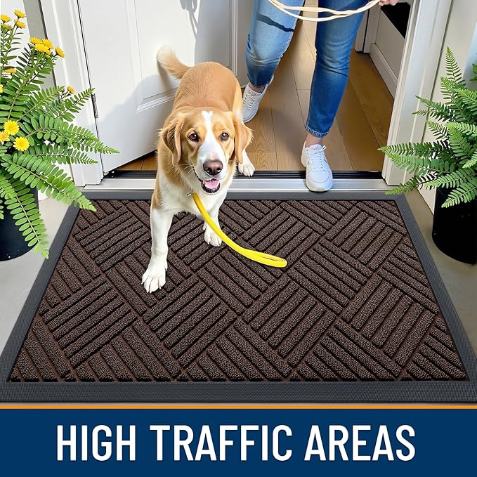 OLANLY Front Door Mat Outside Entrance 59x34, Absorbent, Heavy Duty Sturdy Natural Rubber Doormat Indoor Outdoor, Stain and Fade Resistant, Non-Slip Low Profile Floor Mat for Entryway, Brown Diamond