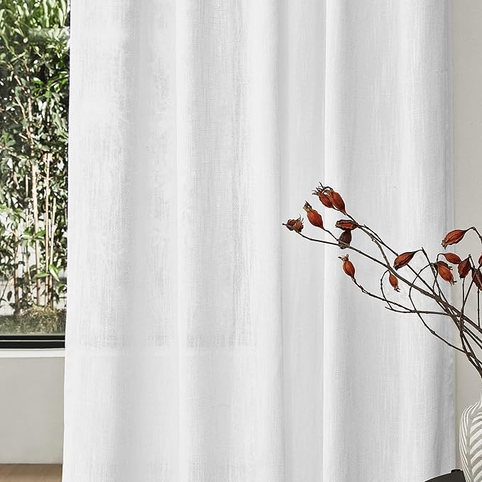 MYSKY HOME Floor to Ceiling Curtains 108 Inches White Sheer Window Drapes 2 Panel Sets Back Tab Draperies Linen Look Boho Fabric, Soft Cotton Blend Light Filtering for Living Room