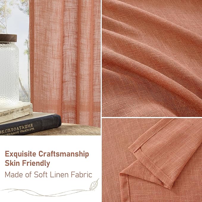 LAMIT 48 Inch Short Window Linen Curtains, Light Filtering Panels Back Tab and Rod Pocket Neutral Drapes for Cafe/Bathroom/Loft Room, Terracotta, 2 Panels, 34 x 48 Inch