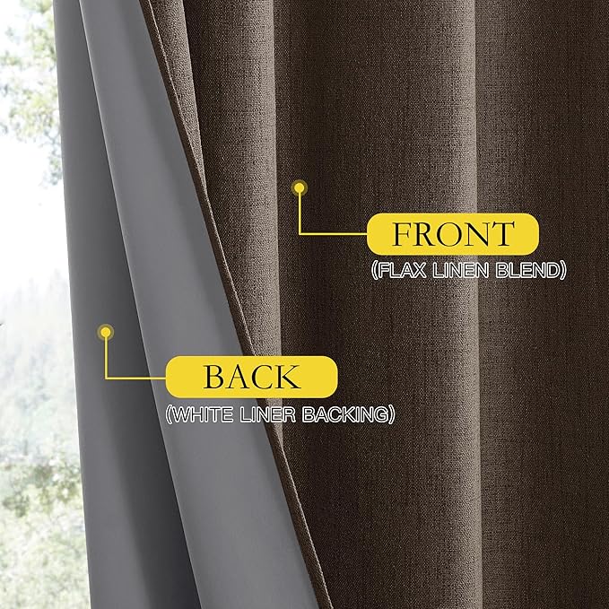 NICETOWN Coffee Vintage Linen 100% Blackout Curtains for Living Room, Thermal Insulated Curtains 108“ Long, Noise Reducing Window Treatment Drapes for Home Office, 62" Wide Per Panel, Set of 2