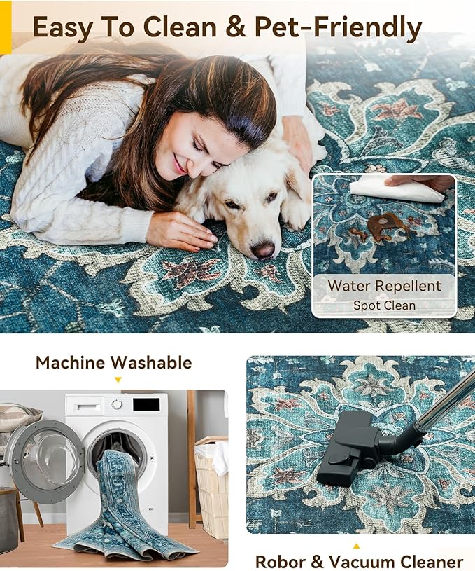 Area Rugs 4'x5' Washable Non-Slip, Floral Vintage Distress Print Pattern Medallion Carpet for Living Room Bedroom Dining Room, Teal Green Lake Blue Turquoise