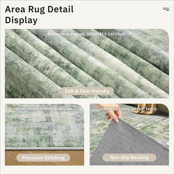 Soalmost 5x5 Green/Ivory Round Rug 5ft Living Room Circle Rug Vintage Round Area Rug Non Slip Indoor Carpet for Entryway Dining Room Bedroom