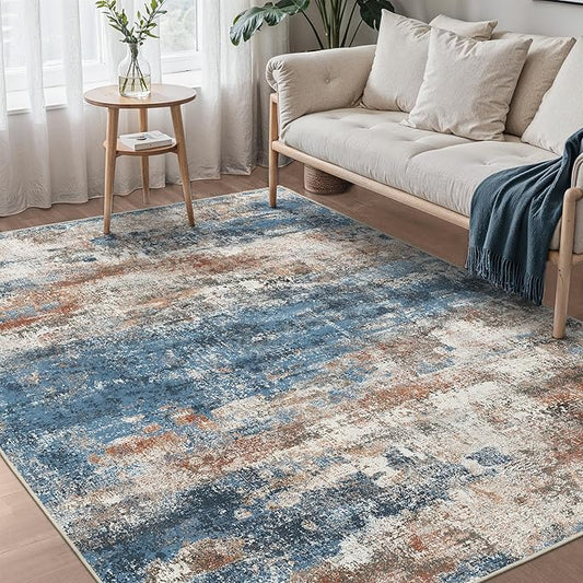 Area Rugs 6x9 for Living Room Bedroom, Modern Abstract Machine Washable Rug, Large Soft Low Pile Floor Carpet with Non Slip Backing for Dining Room, Blue/Brick
