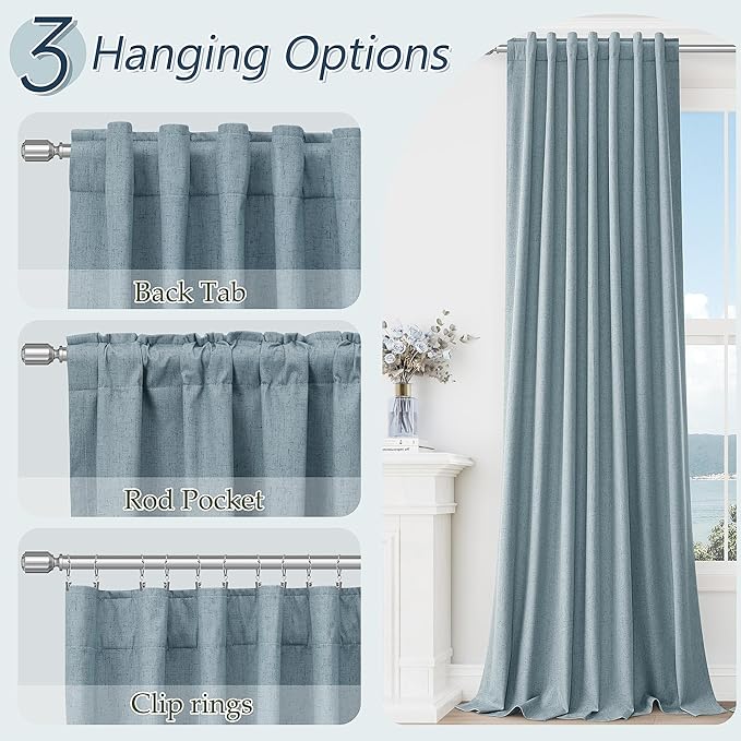 Guken Blue 100% Blackout Linen Curtains 108 Inch Length 2 Panels Set for Living Room Bedroom Back Tab Thermal Insulated Black Out Drapes Room Darkening Farmhouse Style for Bedroom Window Curtains