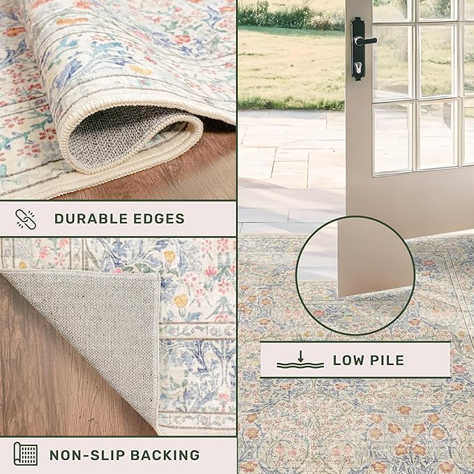 Hazo Haus Boho 3x16 Wide Hallway Runner - Beige Blue and Purple, Washable Low Pile Non Slip Stain Resistant 16ft Runner Rug for Long Kitchen, Hall Way, Floral Forest Decor