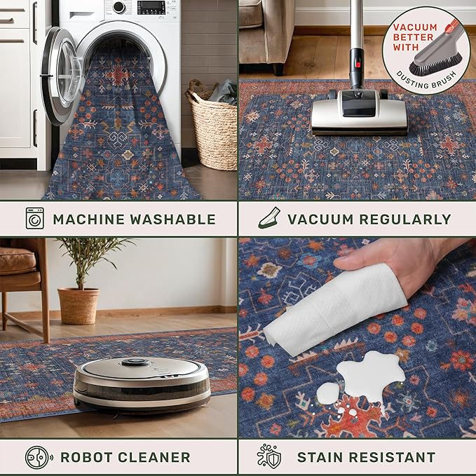 Hazo Haus Dark Blue & Terracotta 5x8 Living Room Rug - Machine Washable Area Rugs for Bedroom, Dining Room, Kitchen Floor, Small Office, Low Pile Non-Slip Rubber Backing & Stain Resistance