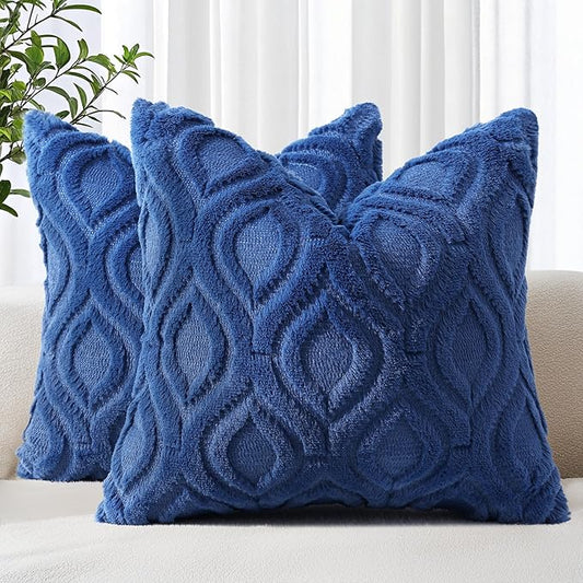 decorUhome Throw Pillow Covers 24x24 Inch Set of 2, Soft Plush Faux Wool Dark Blue Solid Couch Pillow Covers, Accent Euro Sham Farmhouse Neutral Square Pillow Cases for Sofa Bed Living Room