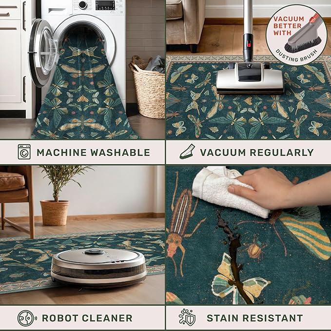 Hazo Haus 9x12 Large Living Room Rug - Dark Teal Multi Dining Room Rugs for Under Table, Bedroom, Kids Room, Classroom, Insect Butterfly Floral Décor, Lightweight Non Slip Low Pile