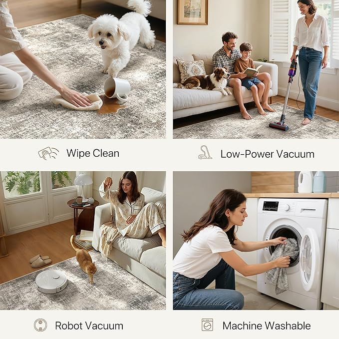 Area Rugs 8x10 for Living Room Bedroom, Modern Abstract Machine Washable Rug, Large Soft Low Pile Floor Carpet with Non Slip Backing for Dining Room, Grey