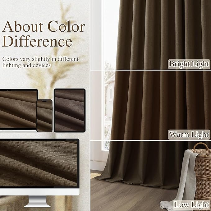 Guken 100% Blackout Curtains 96 Inch Length 2 Panels Set for Living Room Bedroom Back Tab Thermal Insulated Black Out Linen Drapes Room Darkening Chocolate,52x96