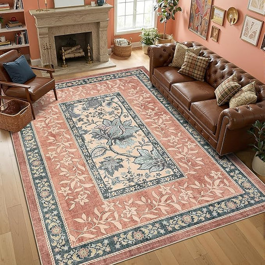 GarveeHome Terracotta Teal 8x10 Area Rugs for Living Room, Botanical Grove Cottagecore Washable Rug for Bedroom Dining Nursery Low-Pile Vintage Large Carpet