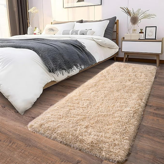 Soft Runner Rugs for Bedroom Hallways, 2 Packs 2x6 Beige Fluffy Shag Throw Area Rug Non Slip for Bedside Dorm, Long Shaggy Furry Carpet for Nursery Living Room
