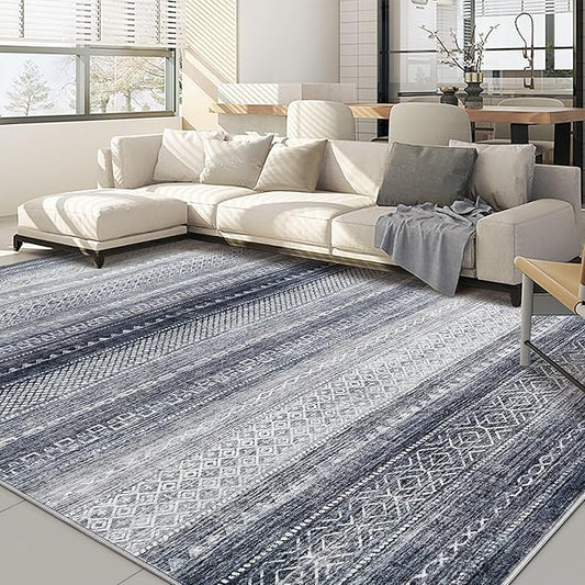 Nakagishi Area Rugs 9x12 Living Room Rug: Washable Boho Large Neutral Modern Soft Stain Resistant Indoor Floor Non-Slip Moroccan Accent Carpet for Bedroom Nursery Kid Playroom Office Dining Room- Blue